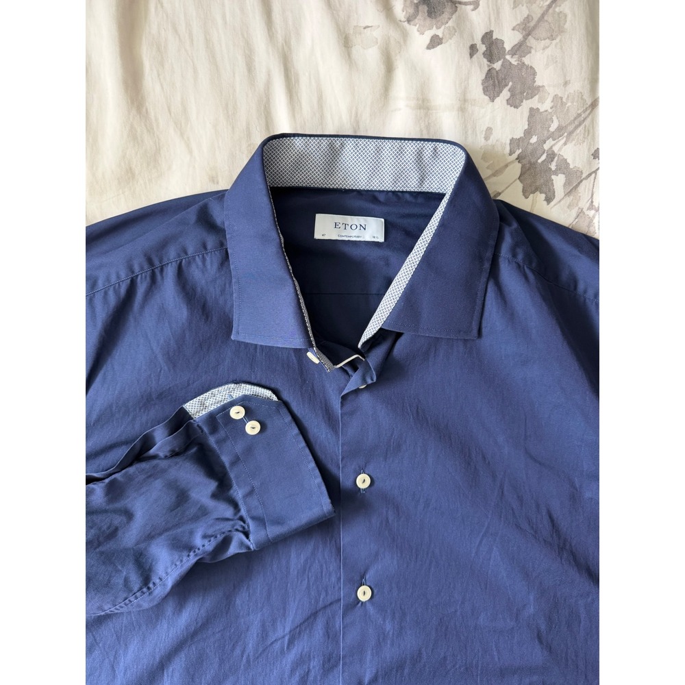 Eton Mens 18.5 47 Contemporary Fit Navy Blue Poplin Cotton Dress Shirt Luxury LS